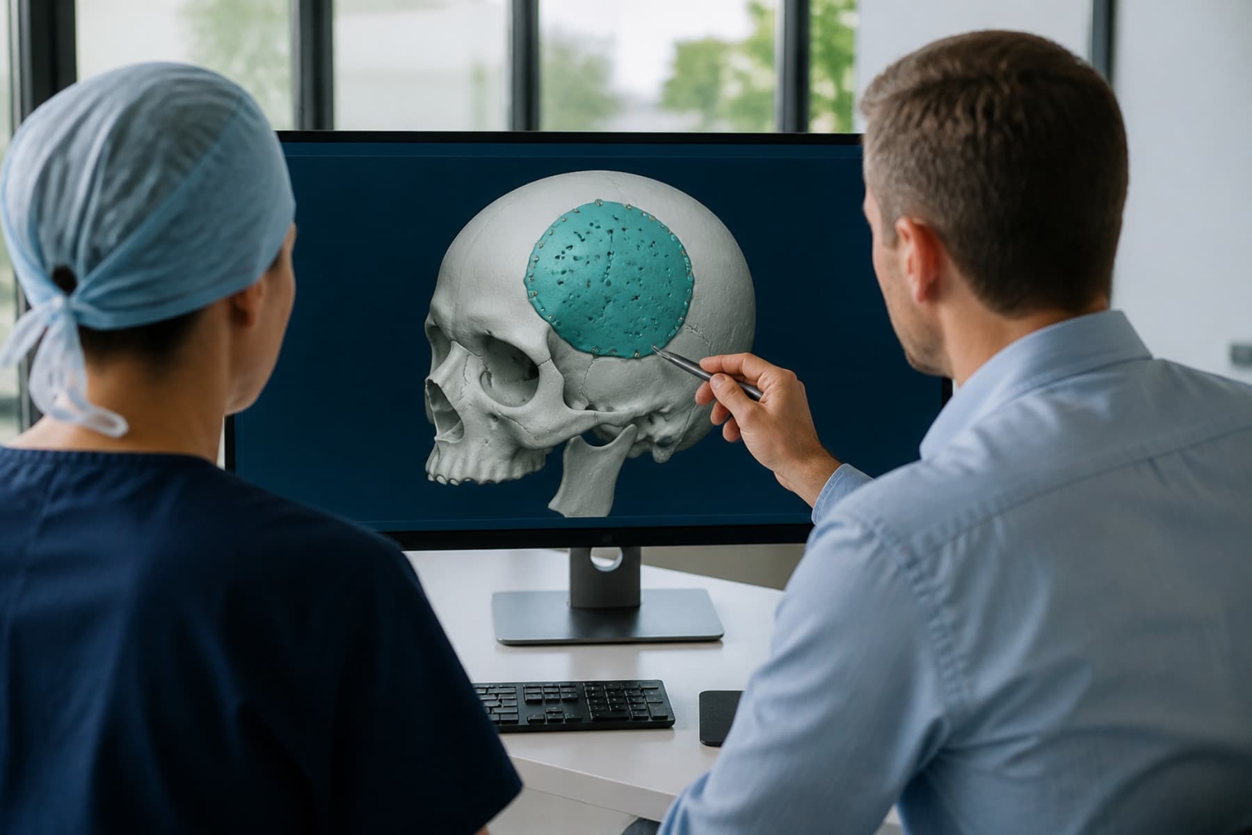 Cirujano e ingeniero revisan en pantalla el diseño 3D de un implante craneal